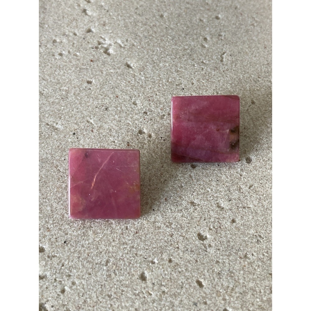Pink Marbled Square Stone Stud Earrings Silver Tone Post Minimalist Modern